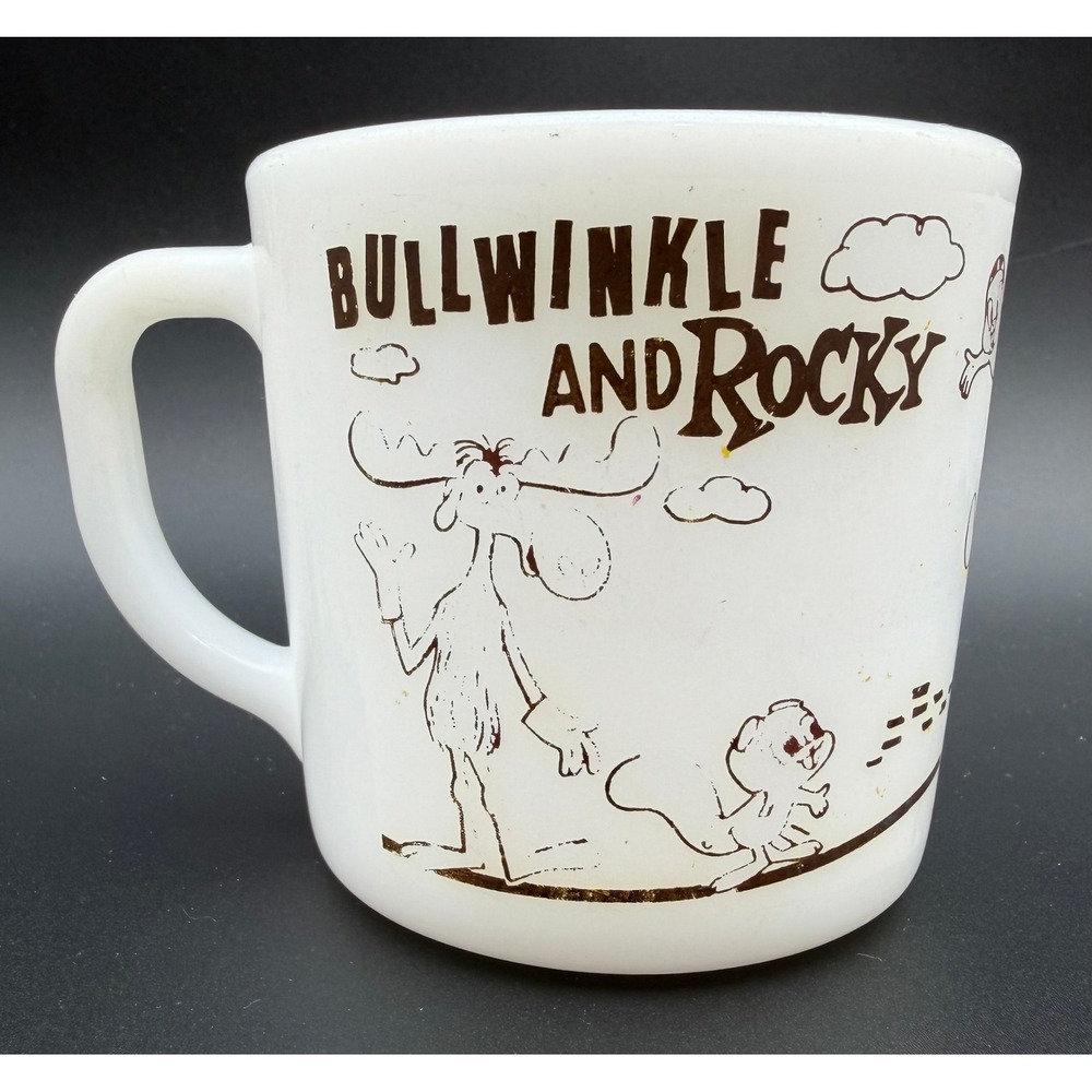 Vintage Bullwinkle and Rocky Milk Glass Coffee Mug Westfield Heat Proof White